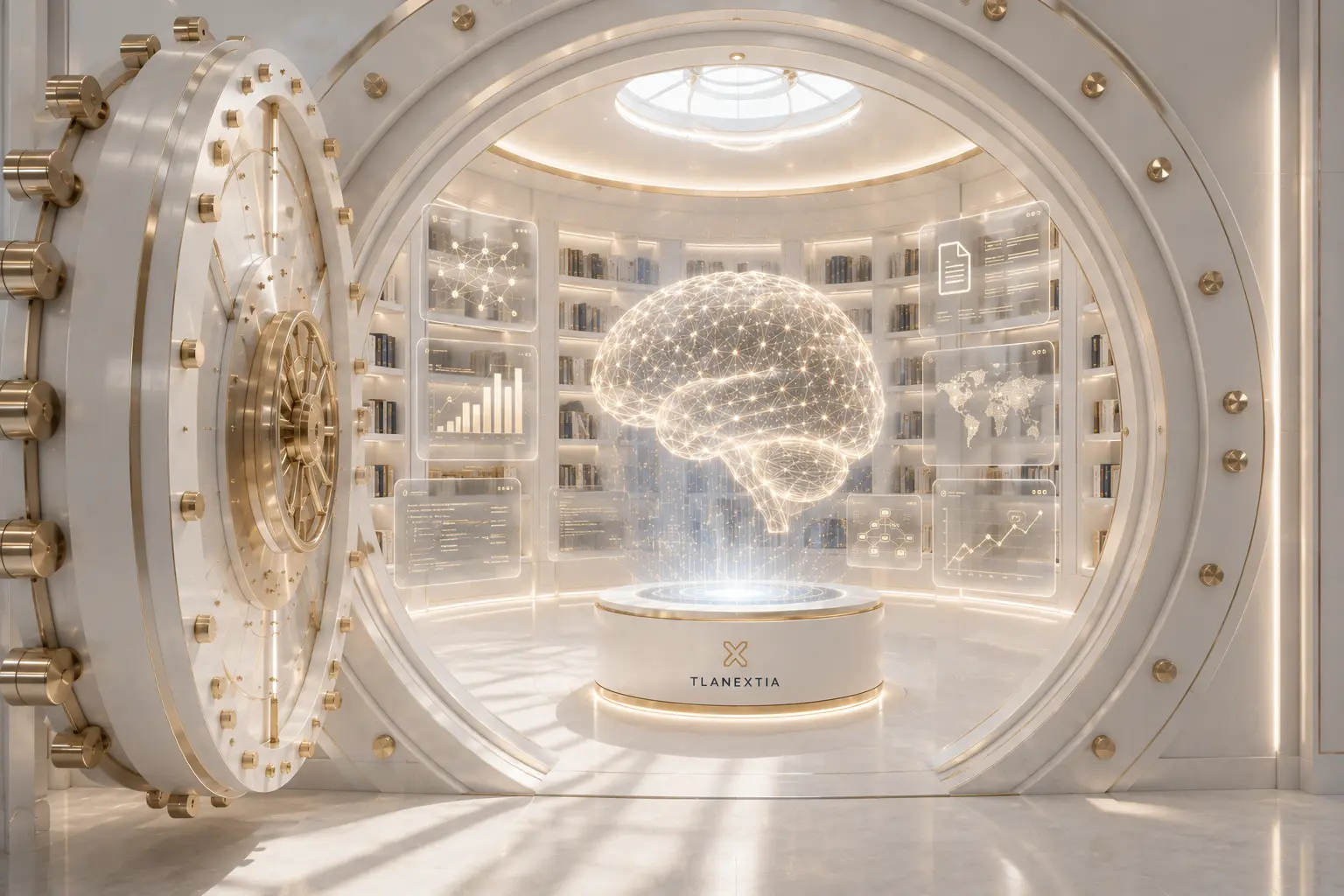 Bóveda de seguridad abierta hacia una biblioteca circular con un cerebro de luz sobre un podio con el monograma de TLANEXTIA